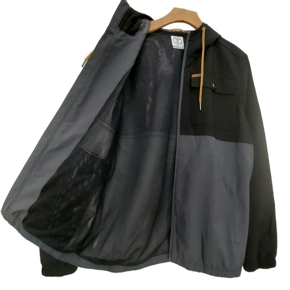 Voyager Windbreaker Jacket Mens Medium Gray Black Hooded Full Zip Waterproof